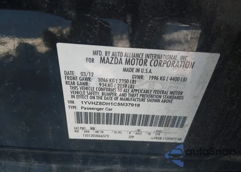 2012 Mazda Mazda6 I Touring z USA, uszkodzony, nr VIN 1YVHZ8DH1C5M37918